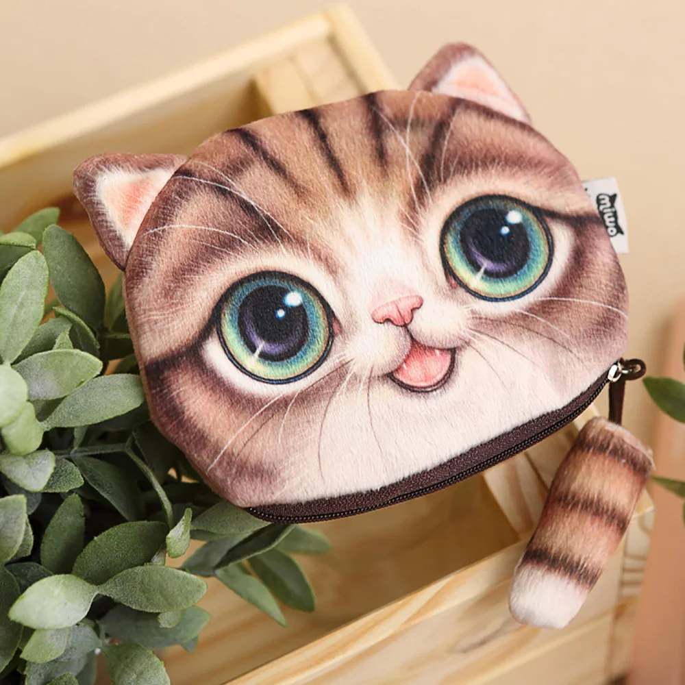 3D Printing Plush Cat Face Coin Wallet Purse Zipper Makeup Pouch
