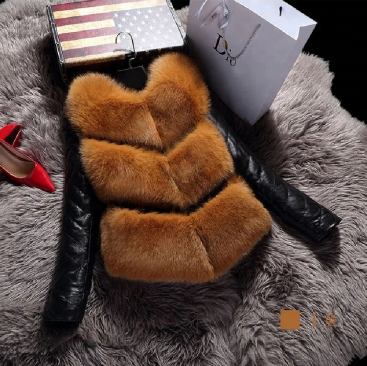 
Sexy girl short warm rabbit fur coat with PU sleeves 