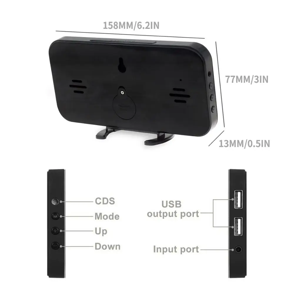 Large LCD Screen Mirrored Alarm Clock Digital Decorative Hotel Office Home Decor Clock with Dual USB Charging Station