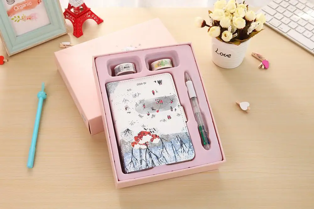 Wholesale Korea stationery gift set PU hardcover CMYK notebook + pen + washi tape