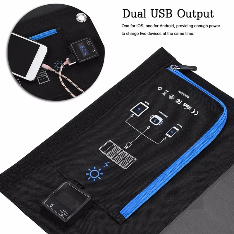 FOVigour Portable 15W Folding Solar Panel Charger Mobile Charger for Phone Solar Battery with Dual Display USB Port Outdoor