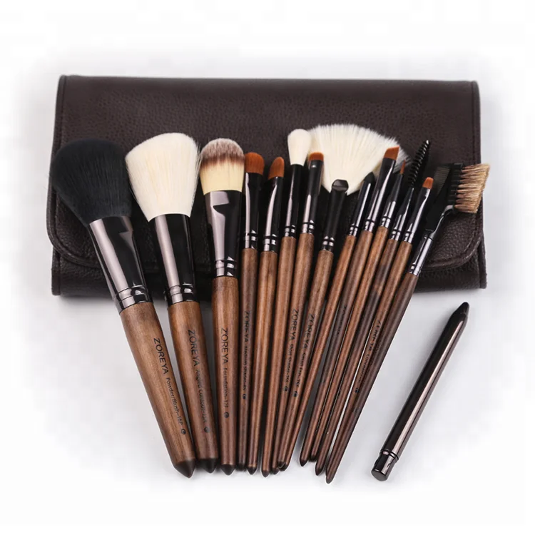 15pc High End Real Walnut Handle Private Label Makeup Brush Set Leather Case for Contour Foundation Brush Set with Dark Brown