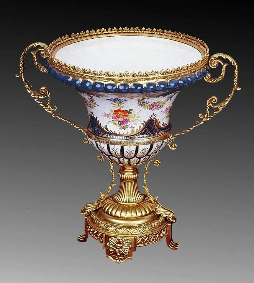 
Floral Design Ceramic Fruit Bowl with Gilt Copper Mounted and Base 