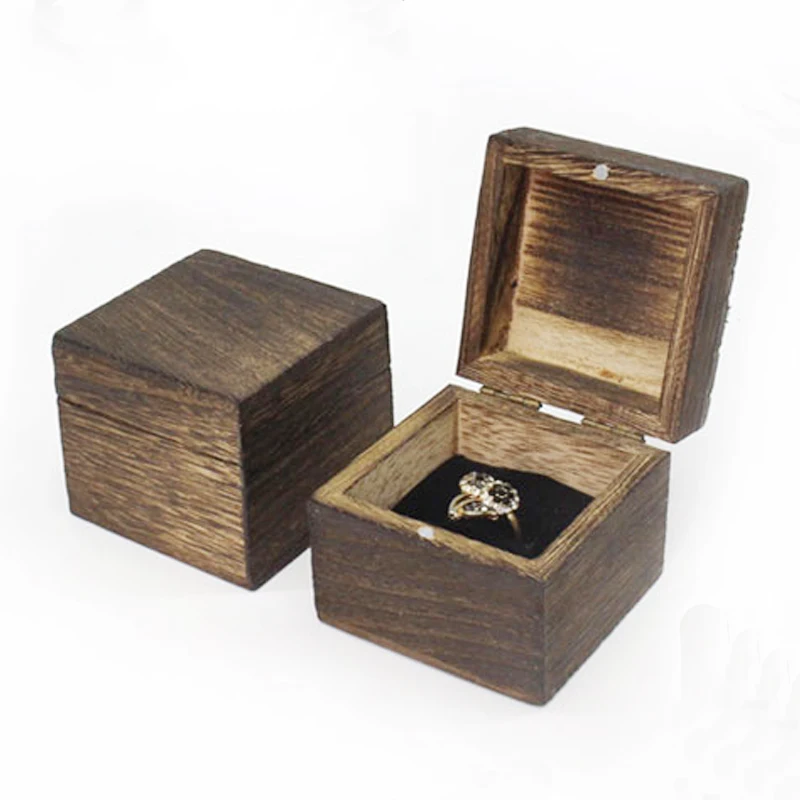 
Paulownia wood antique rustic finish jewelry packaging gift box carbonize color wedding ring packaging wood box 