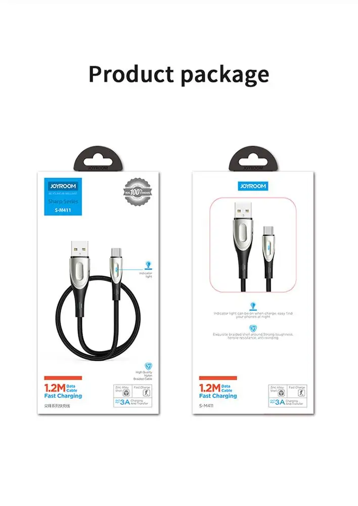 Joyroom S-M411 zinc alloy led data cable micro usb cable type c fast charging cable charger 3m 2m 1m