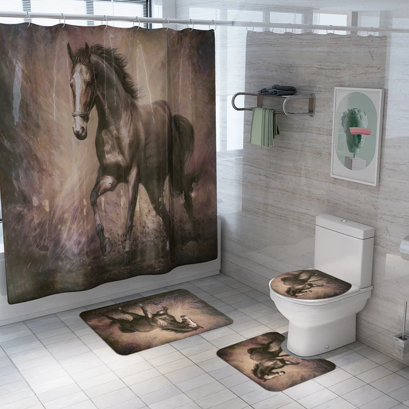 Amazon Anti Slip Bathroom Rug 4 Piece Set Custom horse print Shower curtain