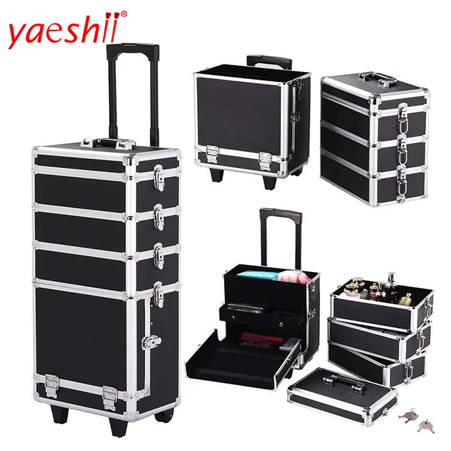 4in1 I Aluminum Cosmetic Makeup Suitcase Train Box Trolley Rolling Makeup Case with 360 Degree Wheels