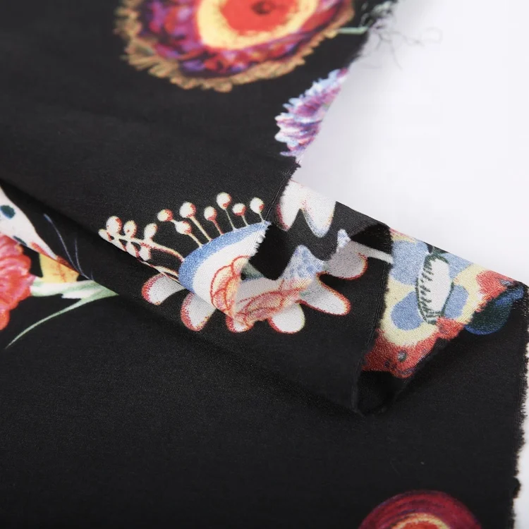 Korean design shinny polyester women custom printed moss chiffon floral printed crepe fabric ready goods wholesale