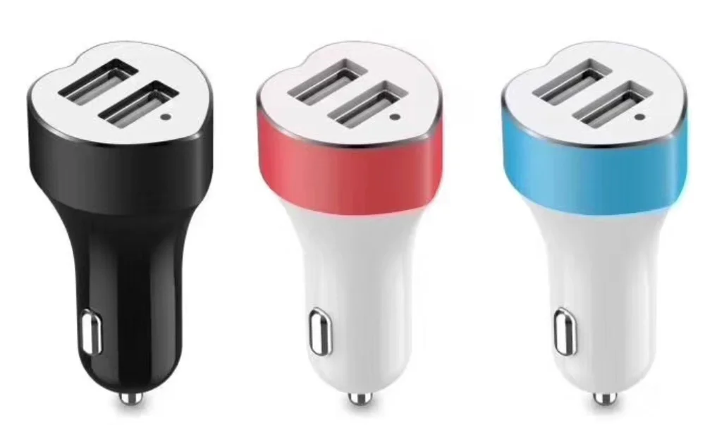 Heart Shape 5V 2.1A Aluminum Alloy 2 Port Dual Two USB Car Charger Adapter