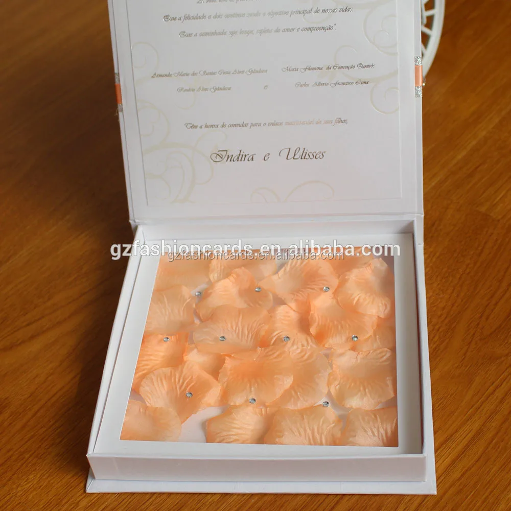2024 Newest Design Orange Plastic Flowers White Paper Invitations DIY Craft Luxury Wedding Hardcover Invitation Box