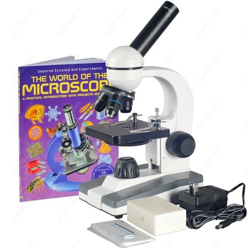 AmScope Supplies 40X-1000X Biological Science Compound Microscope w 10pc Slide Collection & Book