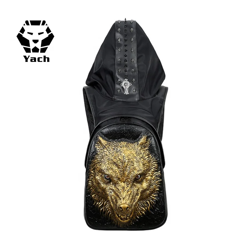 Creative hat pu backpack 3D fierce wolf men and women outdoor travel computer bag magic school pu laptop men backpack
