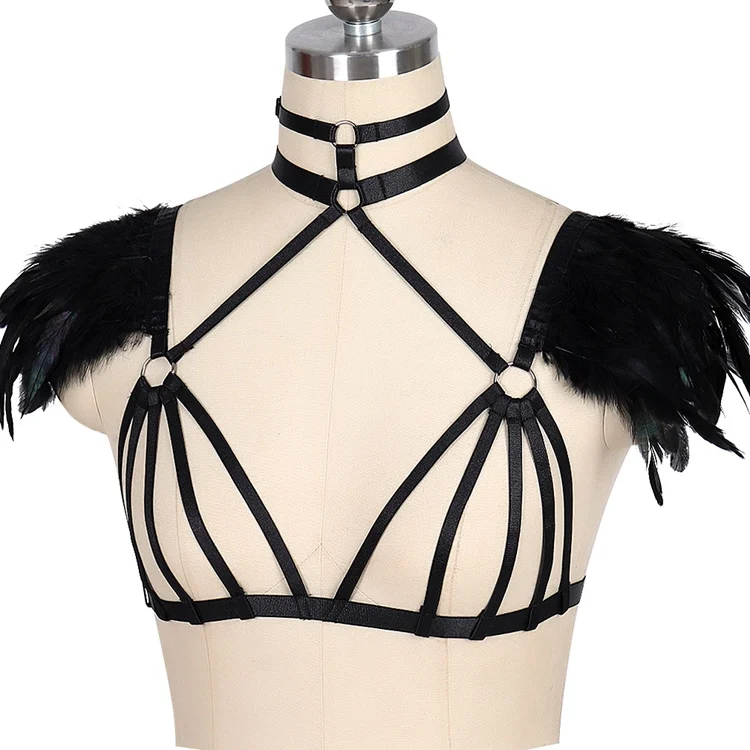 Black Strappy Crop Tops Lingerie Belt Feather Harness Epaulette for Women Adjust Elastic Punk Bralette Festival Rave Clothing