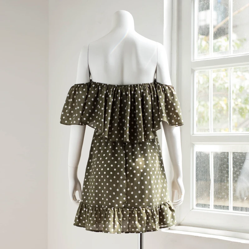 
New Arrival Women Dot Printing Chiffon Summer Dress Sexy Off Shoulder Ruffles Short Mini Dress Beach Party Cocktail Clothes 