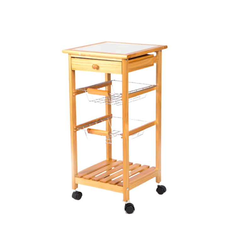 Modern Mobile Kitchen Vegetable With Basket Wooden Serving Trolley