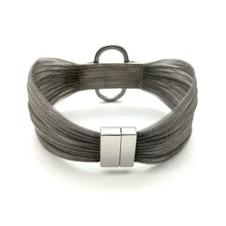High Quality Women Stainless Steel Mesh Wide Bracelet Magnetic Clasp  Bangle With Flower Charm