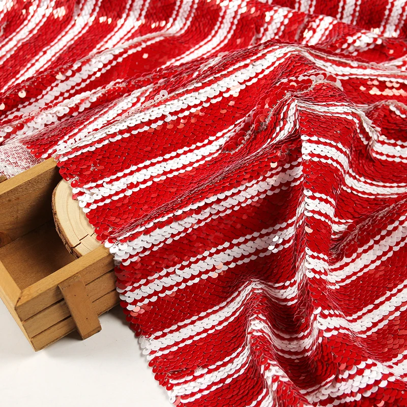 Stylish beautiful red white striped mesh sequin embroidery fabric for women