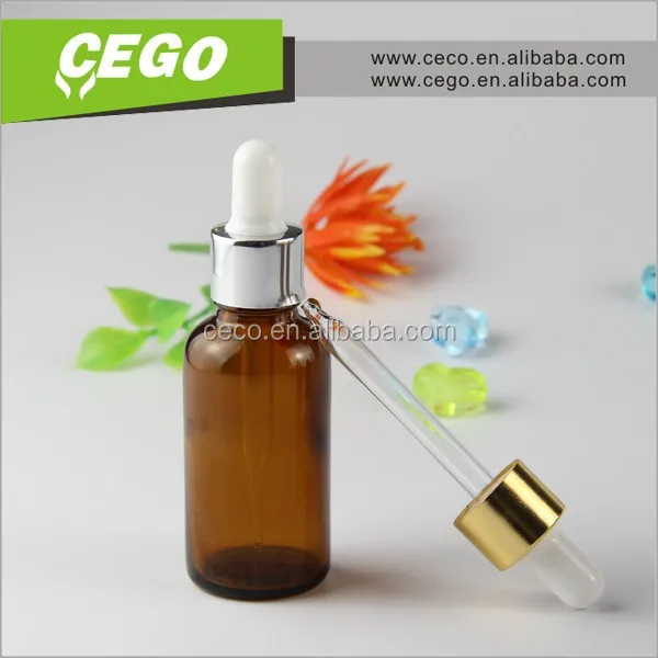 In stock! trade assurance 30 ml amber essential oil glass bottle with dropper and aluminium gold cap