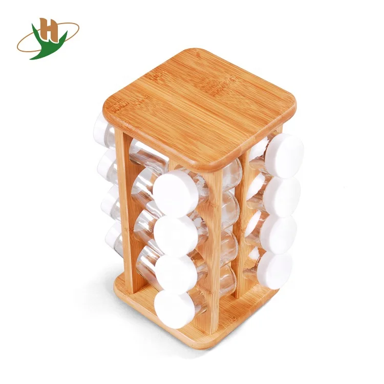 Free refills storage home kitchen bamboo rotatable spice rack with 16 glass spice jars