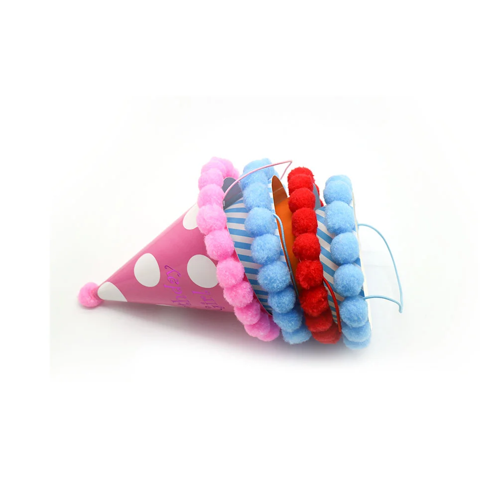 Factory Price Beautiful Children Size Birthday Party Supplier Paper Hat Color birthday hats Polka dot pompom birthday hats