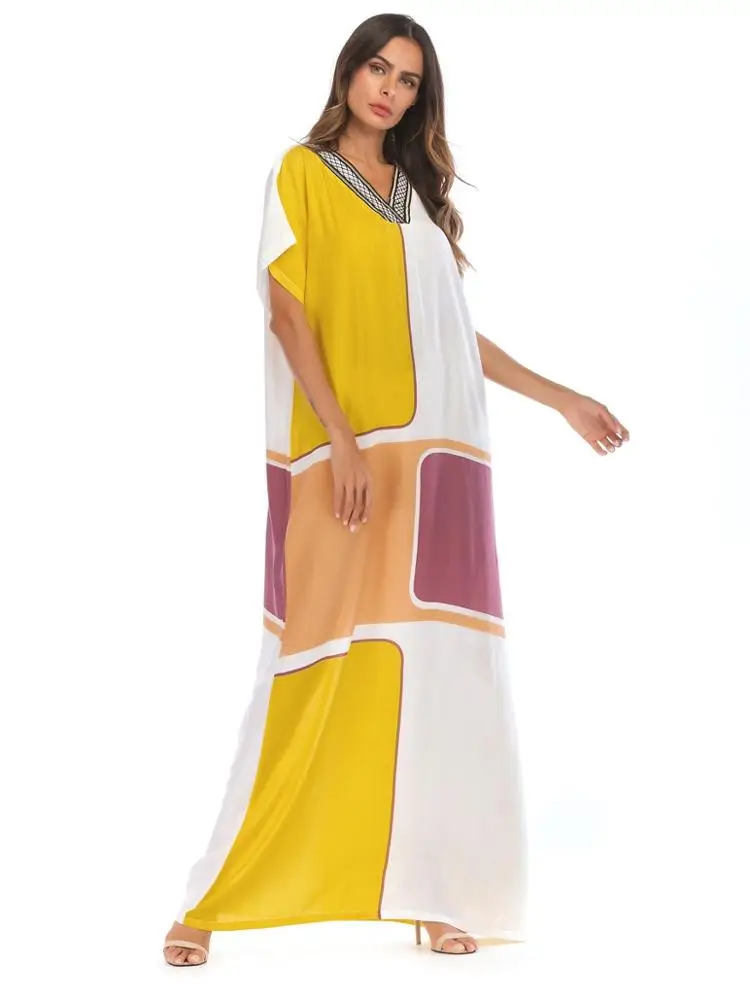 A3409 Summer Women Loose Bat Sleeve Dress Muslim Kaftan Abaya Vintage Islamic Maxi Robe