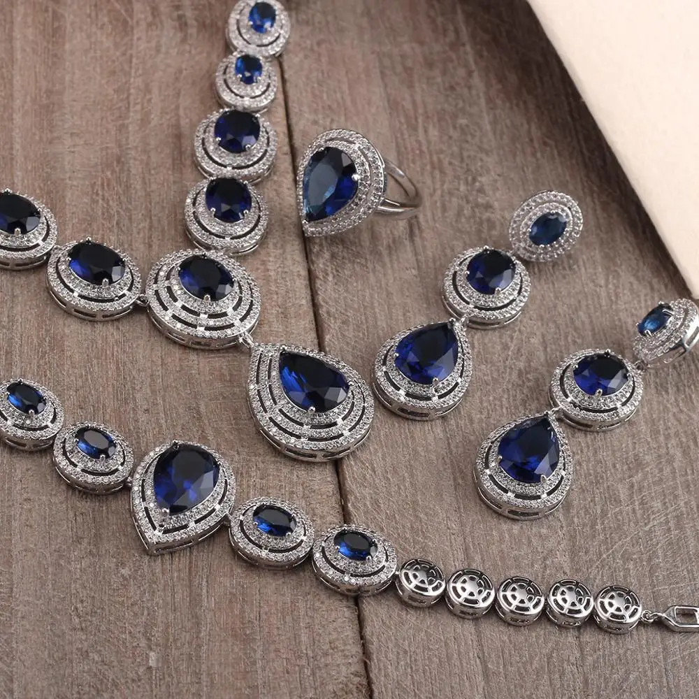 Luxury Blue Sapphire CZ Necklace Earrings Jewelry Set Women Bridal Blue Oval Cubic Zirconia Jewellery Set