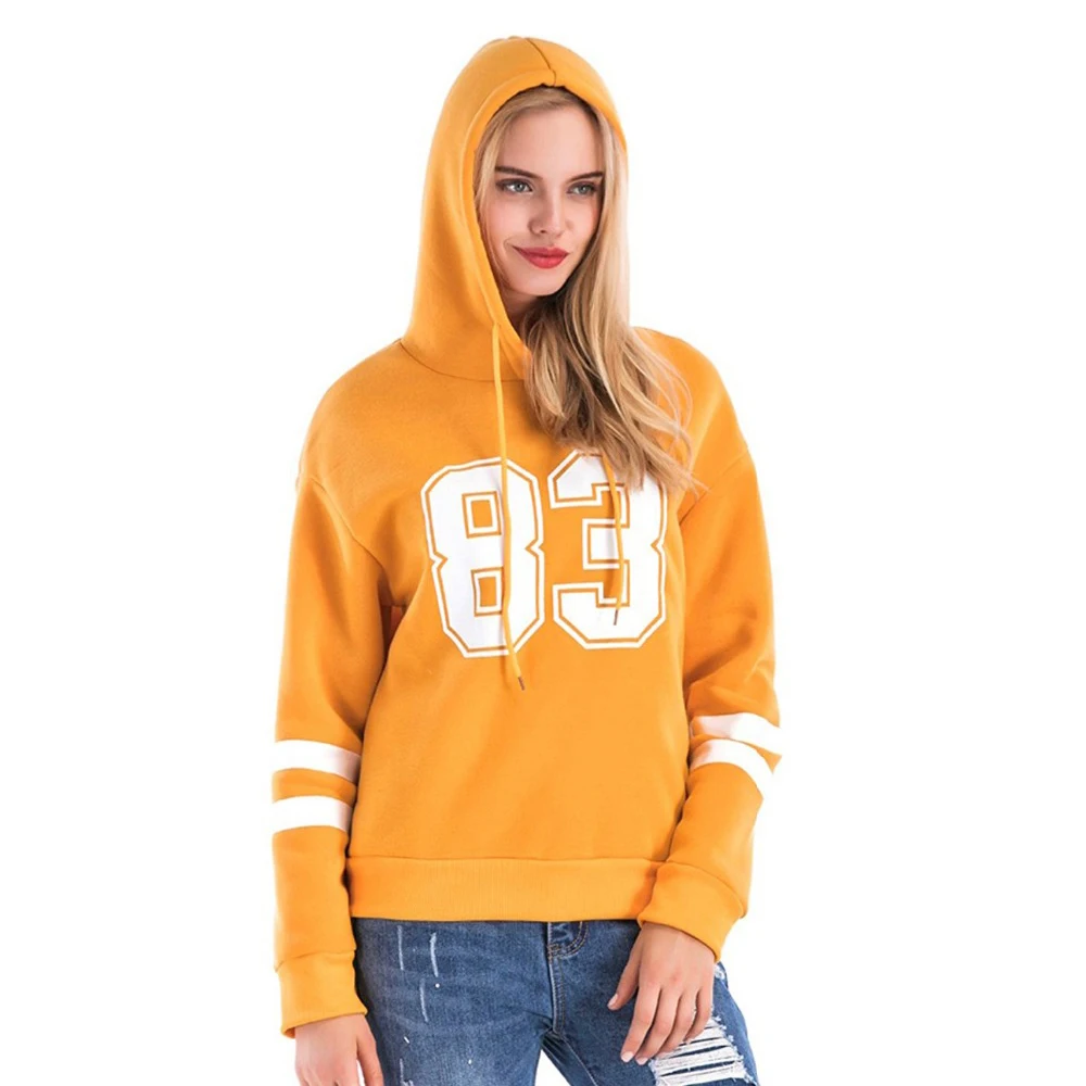 
100% French terry gym pullover oversized women yellow hoodie with white stripe printing <span style=