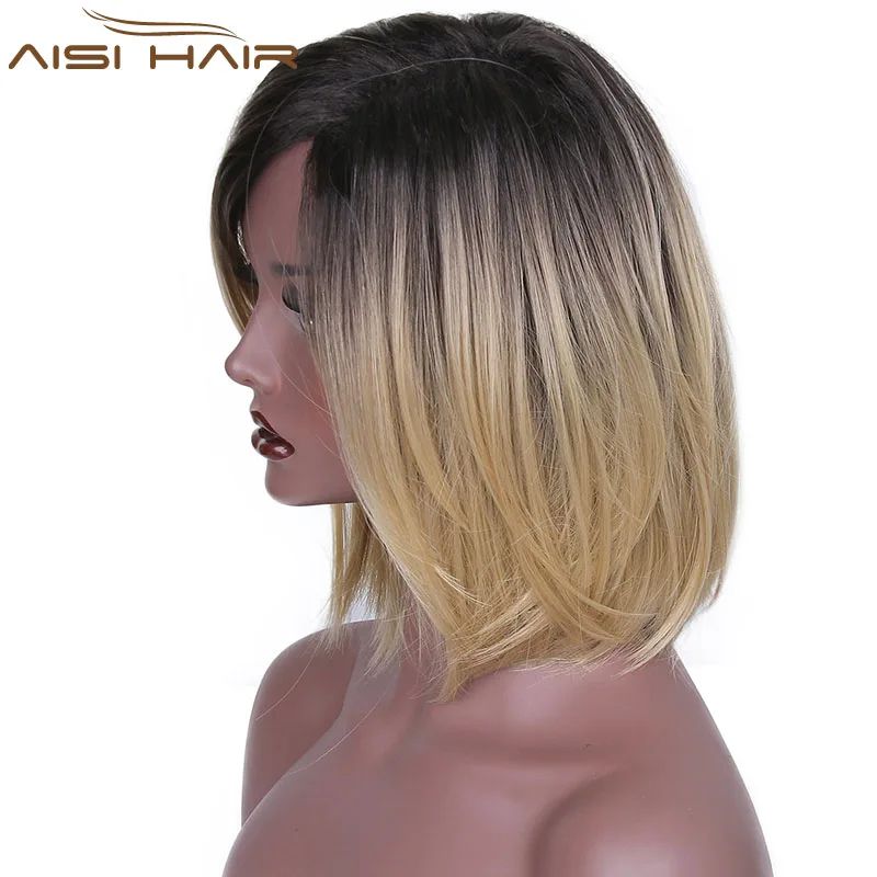 Aisi Hair The Best Selling Short Straight Bob Wigs For Black Women Synthetic Black Blonde Ombre Two Tone Color Hair Wig
