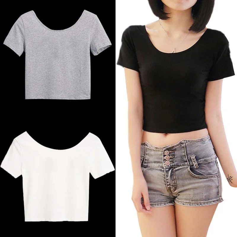 Customized logo woman round collar sexy show belly plain t shirts