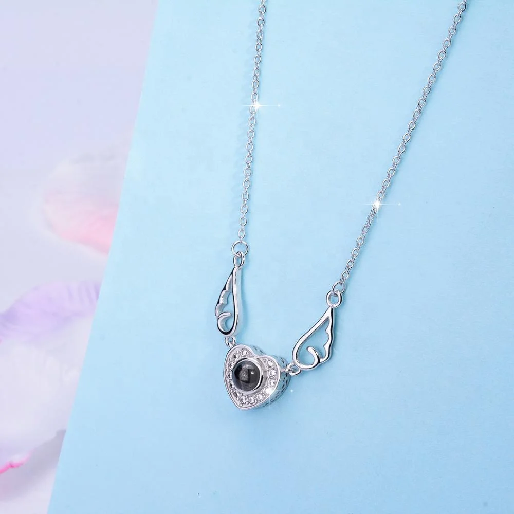 925 Sterling Silver angel wing heart Memory of love 100 Languages Nanotechnology necklace