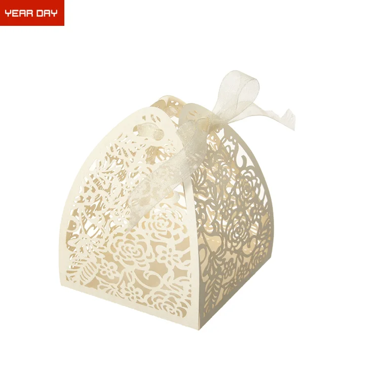 China Supplier Laser Cut Rose Hollow Out Paper Candy Favors Wedding Party Gifts Ribbon Box Bonbonniere