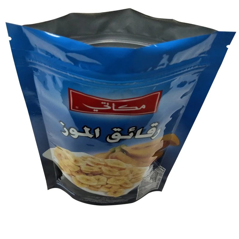 
Resealable waterproof ziplock stand up snack food packaging pouch aluminum foil bags for banana chips 