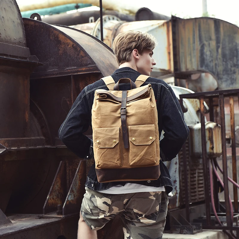 Vintage Men Student School Rucksack Laptop Bags wax Canvas Genuine Leather backpack