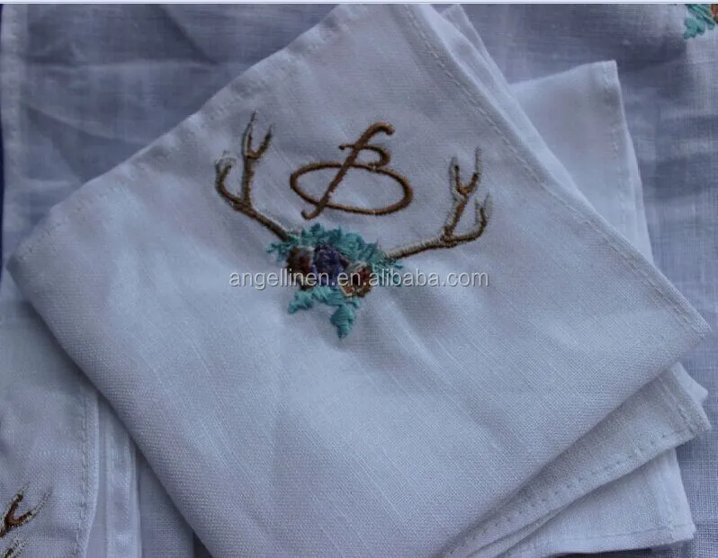 embroidery linen handkerchief with piping hem