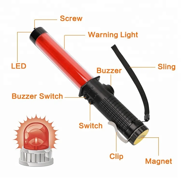 
Plastic rubber safety security red led wand police warning baton torch light led traffic baton with 3AA battery 