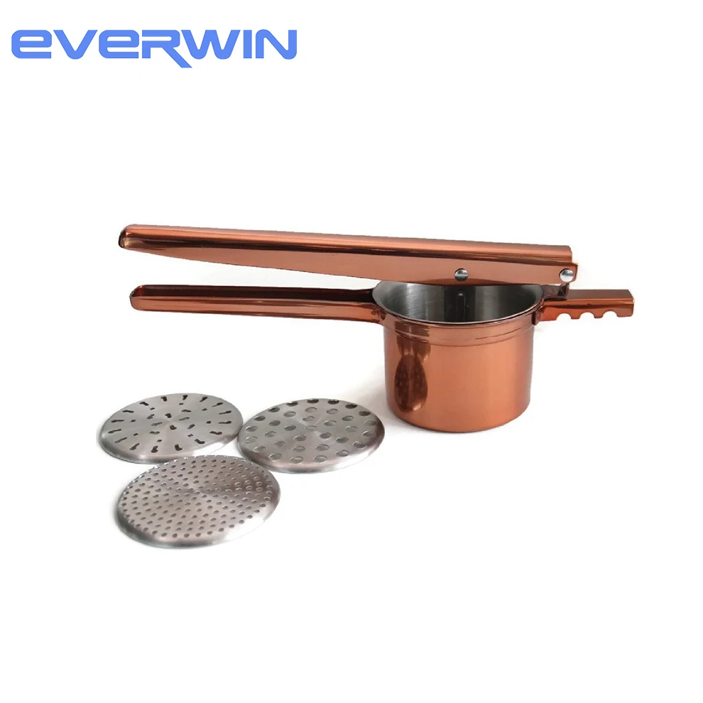 Kitchen Tools Copper Stainless Steel Potato Ricer with 3 Replaceable Discs