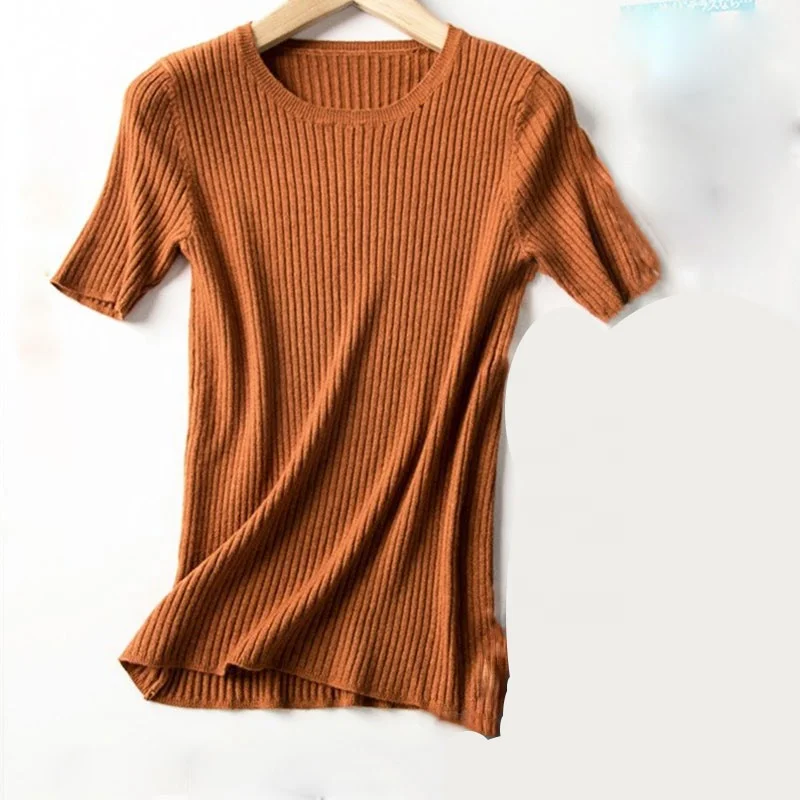 
New thin section round neck sweater short sleeve female Slim Korean version loose lazy knit bottoming shirt large size 