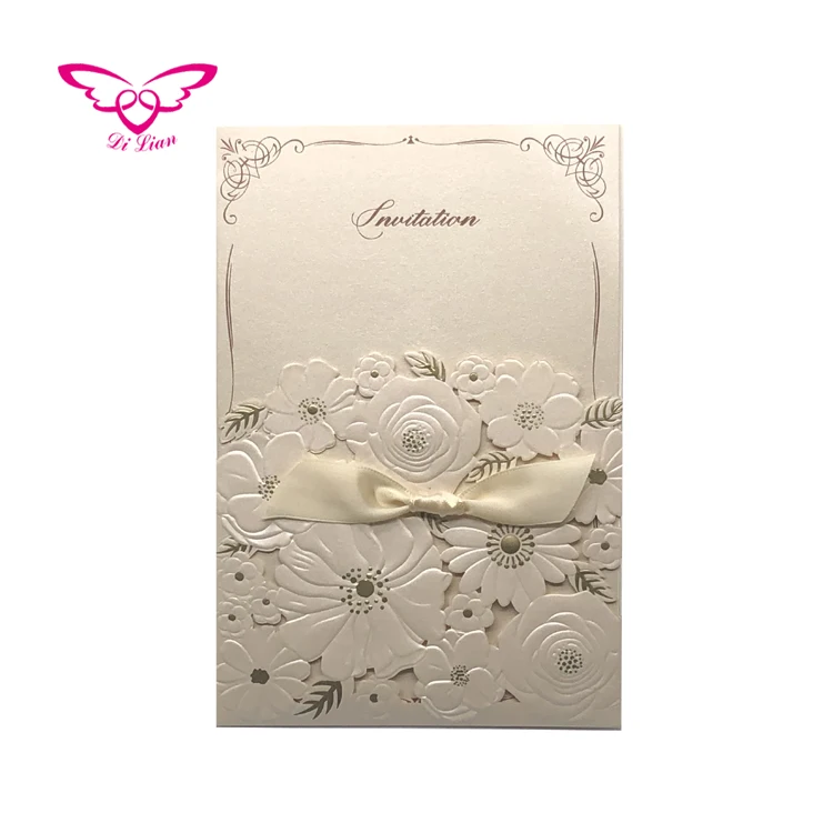 
White Embossing Flower Pocket Wedding Laser Cut Invitation Card 