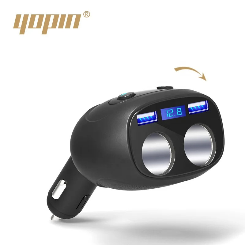 best selling product led voltmeter 4 in 1 car charger with twin socket extender, dual usb car charger with dual 12v sockets