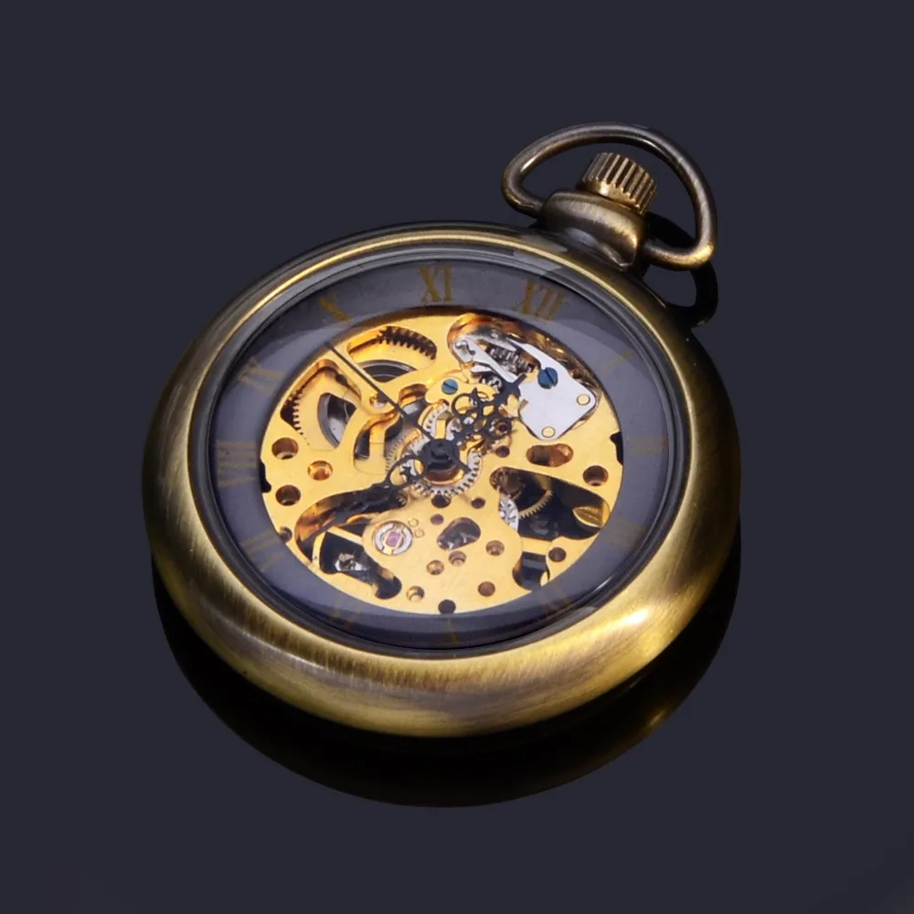 Vintage type mechanical skeleton copper bronze material for men open face Pocket Watch