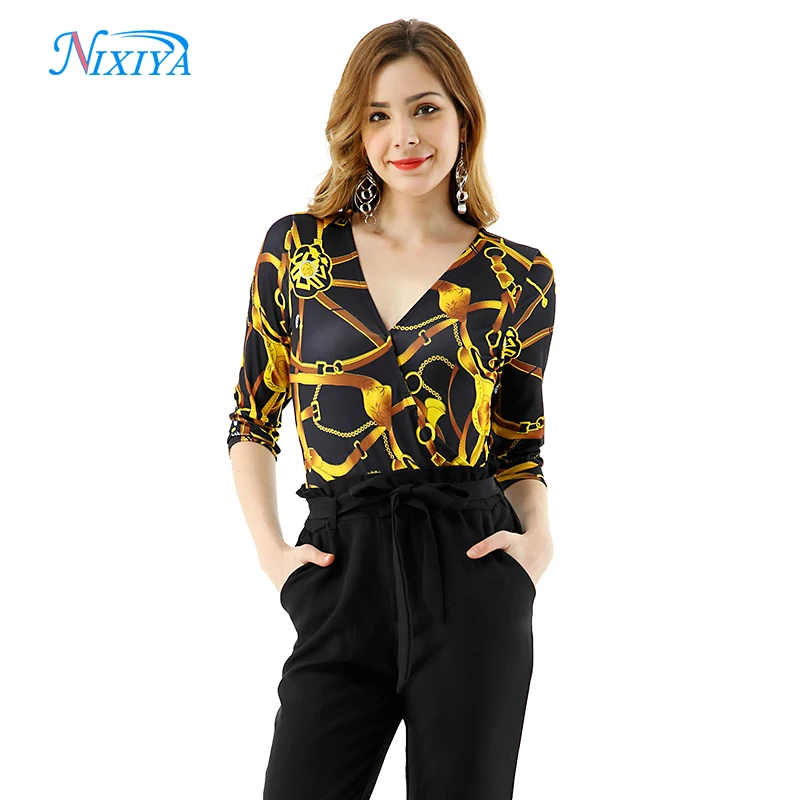 С длинным рукавом v шеи Дамы Боди для женщин Топ Блузка боди