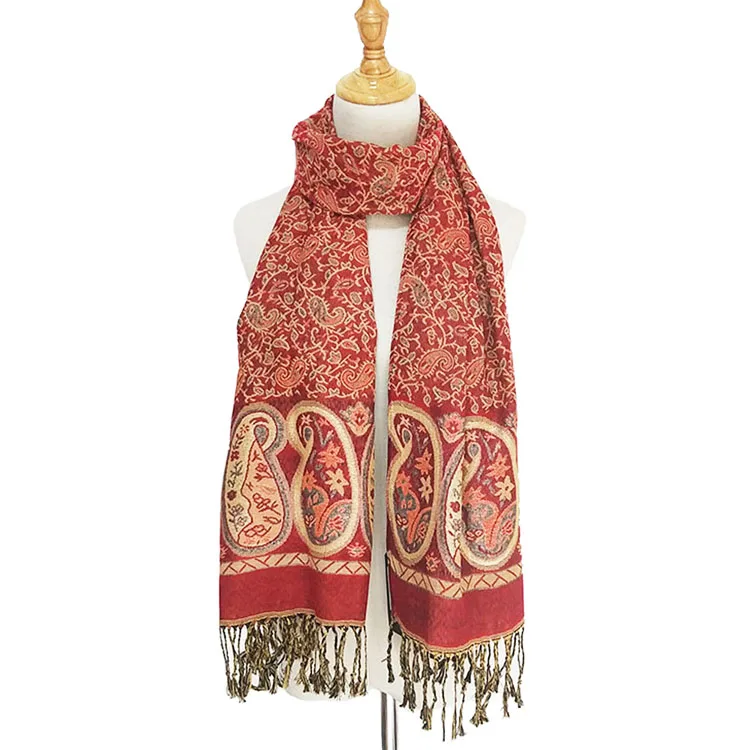 Pashmina Silk Paisley Border Pattern With Tassel Fringes Scarf Shawl Thin Stole Rave Gift for Women Autumn Winter Spring