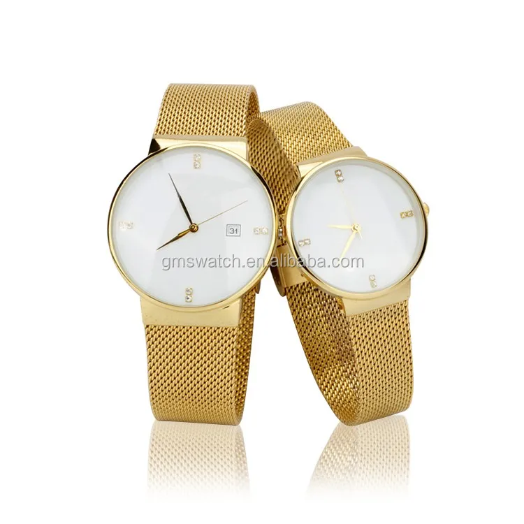 New arrival hot fashion couple watch, charming slim case quartz pair watch, stainless steel mesh band hot sales time pieces