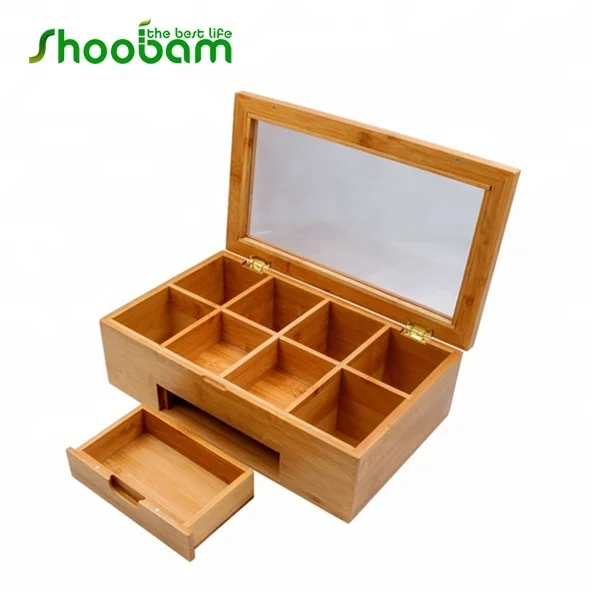 Bamboo Tea Box, Tea Bag Storage Chest with Expandable Drawer