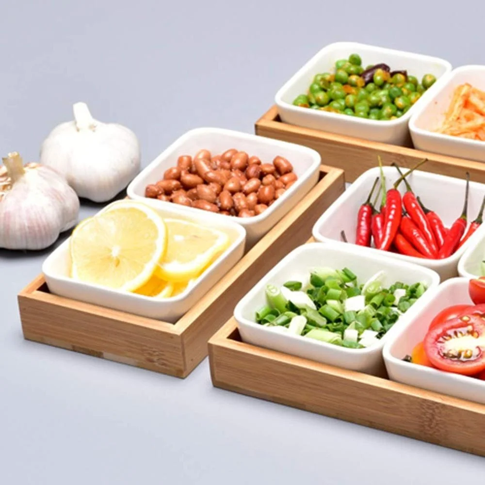 Ceramic Sauce Dish Divided with bambooTray Dish Storage Tray for Kitchen Spices Vinegar Nuts