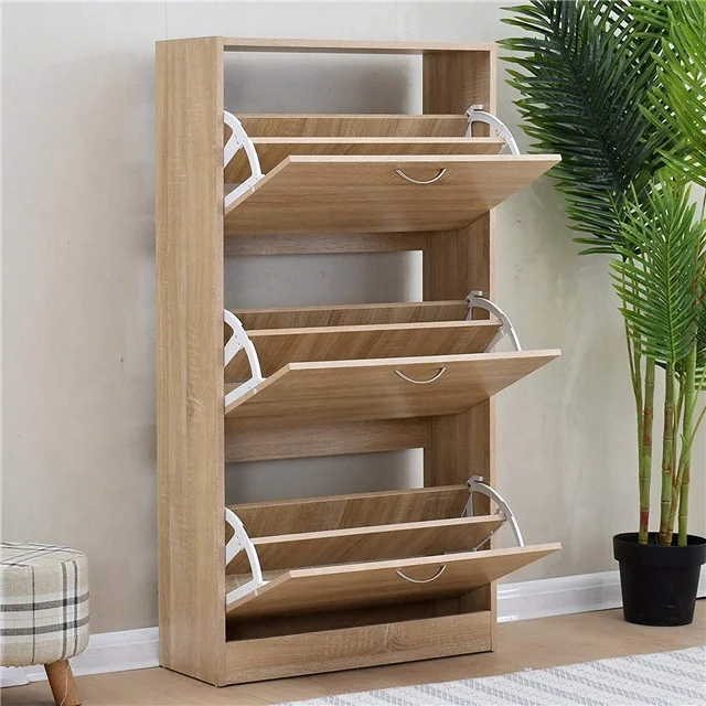 Natural solid wood Cherry Tree Furniture 3-Level Wooden Shoe Cabinet for porch living room
