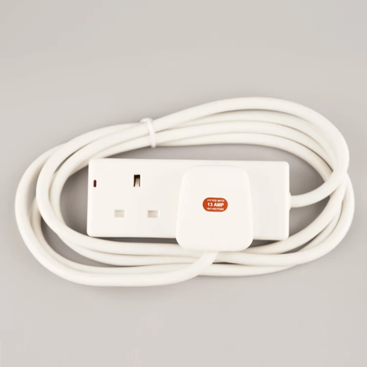 WK 2-Way Extension Lead White Cord 13A UK Plug Socket Wall Mount  Slots with 2 Meters 1.25mm Cable