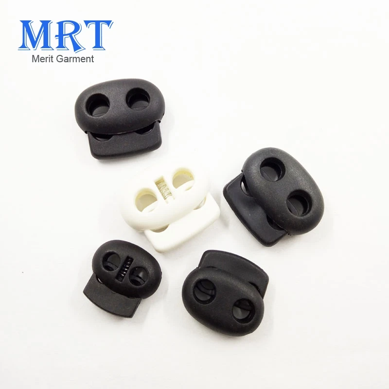 Factory Price Unique garment clothing accessories 14mm spring plastic cord stopper black 2 holes cord lock