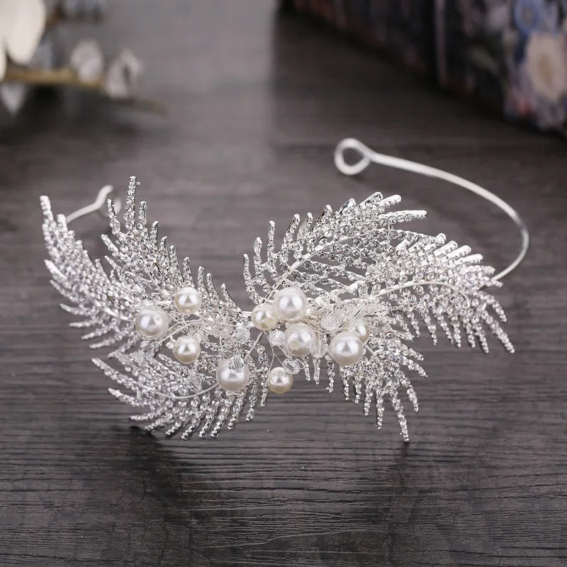 Fashion Crown Glass Stones Silver Zinc Alloy Feather Leather Design Women tiara for Wedding Party Headpiece Accessory