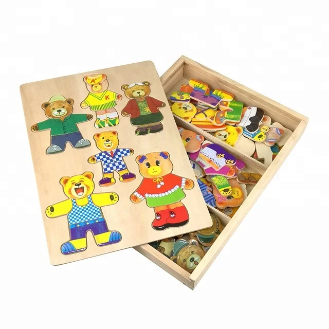 Six bears changing clothes dressing game import toys from china wooden animal toys